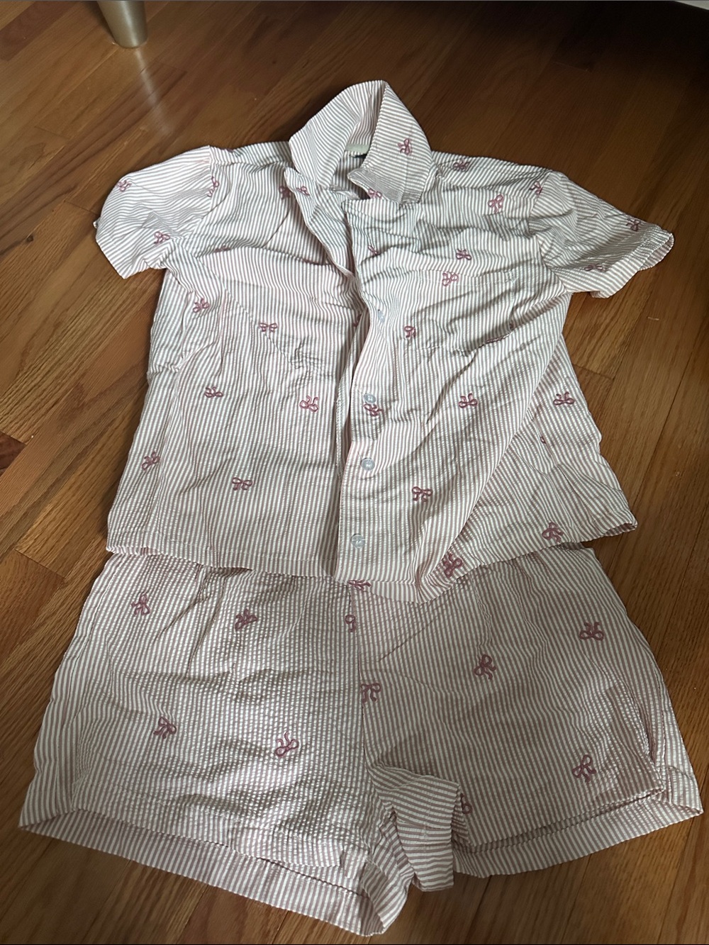 Women's Pink Striped Short Pajama Set with Bow Detail